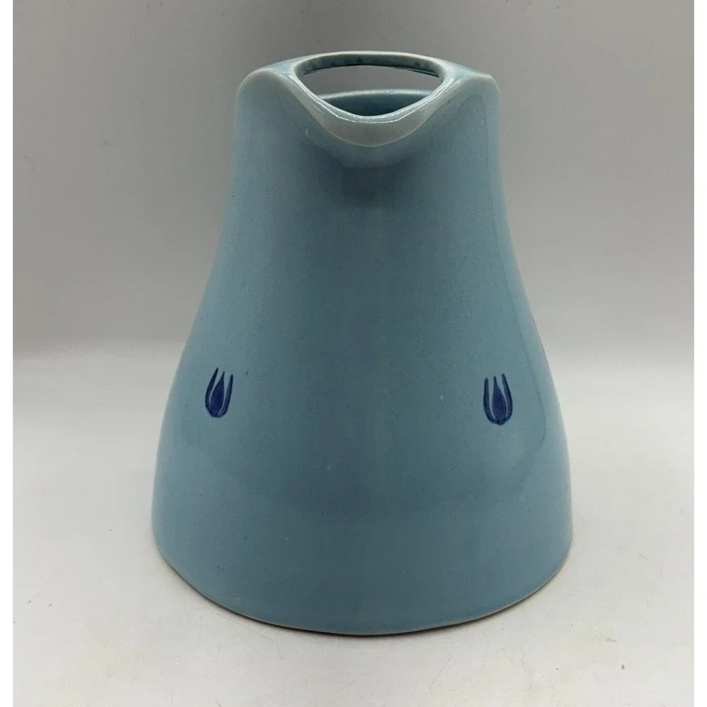Vintage USA Ceramic Ice Lip Pitcher Light Blue with Dark Blue Tulips Stoneware